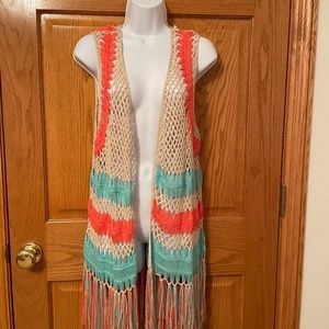 Beautiful Peach and Teal Crochet Long Vest Size S